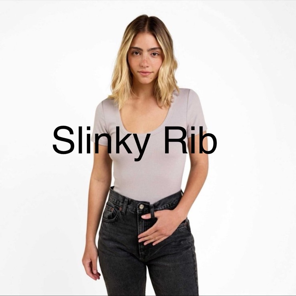 Nuuds Stone Slinky Rib Short Sleeve Scoop Neck Bodysuit Sold out on Nuuds site.